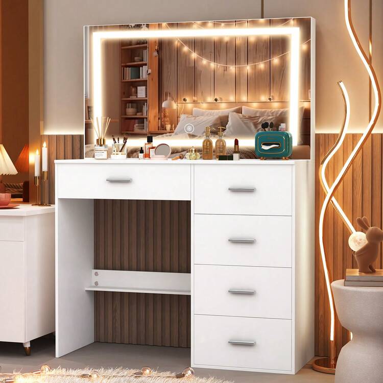 New Dresser For Summer, Dresser With Mirror And Bulb, Dresser With Multiple Drawers And Storage Shelves, Makeup Table, Dresser With 3 Color Modes And Adjustable Brightness, Bedroom, Large HD Mirror, Mirror And Jewelry Organizer, Gifts For Women - 白色 - 查看 2