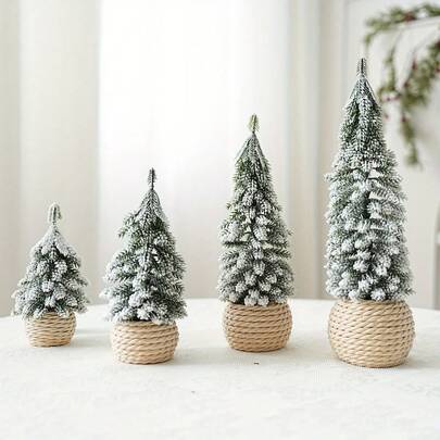 Artificial Mini Christmas Tree, 1/4pcs Snow Flocked Table Christmas Tree With Burlap Rope Base, Unique Christmas Table Decor Home Decor Christmas Decorations Room Decor Winter Christmas Decorations Home Christmas Gifts Christmas Decor