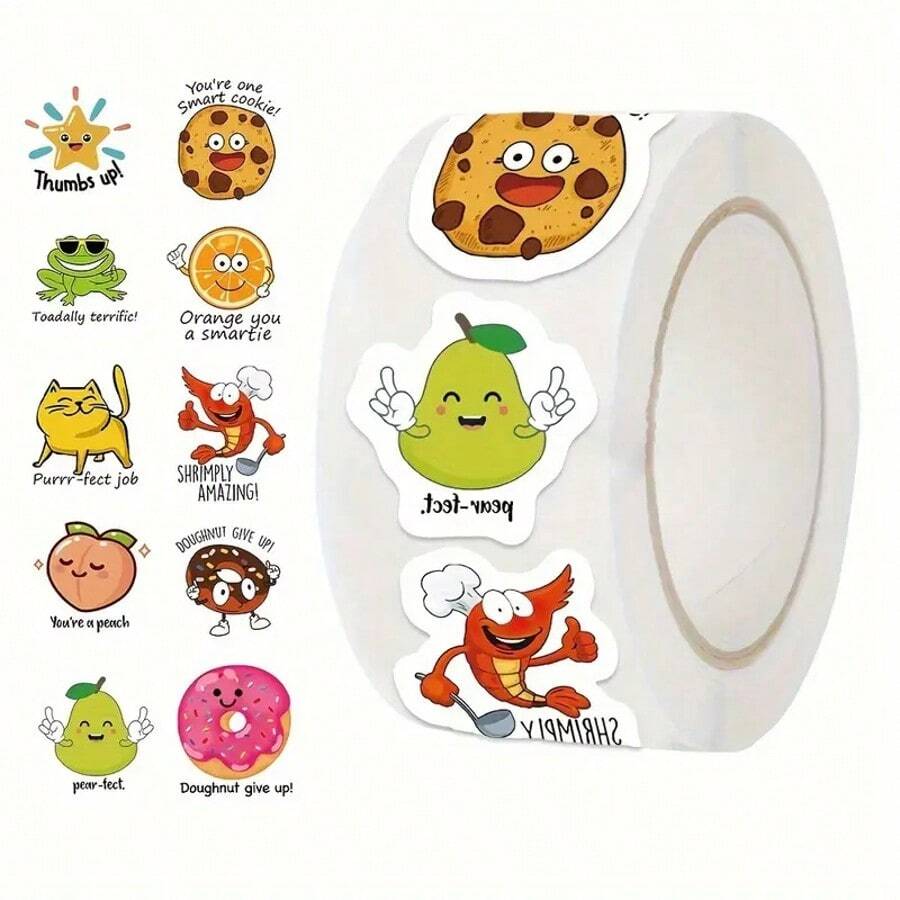 一卷 500 张自粘贴纸，带有励志名言的卡通贴纸，适合学生、老师和日记的装饰品，以及带有奖励的自粘贴纸，是返校季送给学生的最佳礼物 - 彩色 - 查看 1