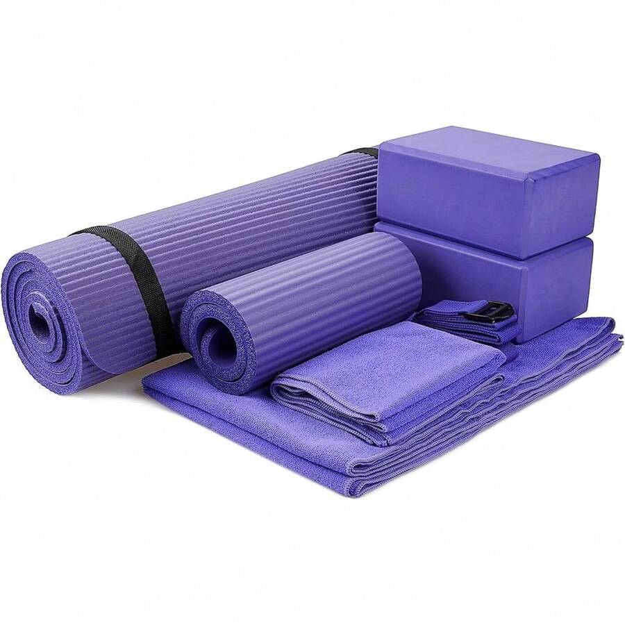 Local Delivery 7-Piece Yoga Equipment Set With Multiple Colors - Yoga Mat With Carrying Strap, 2 Yoga Blocks, Yoga Mat Towel, Yoga Hand Towel, Yoga Strap And Yoga Knee Pad - 紫色 - 查看 1