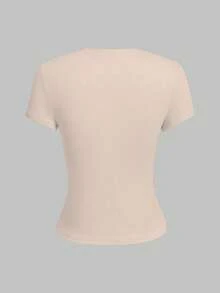 XLLAIS 2026款圆领短袖夏季上衣，纯色基础款修身运动风女式休闲T恤 - 燕麥色 - 查看 5