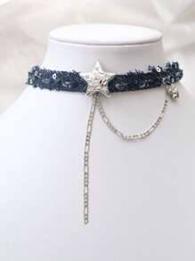 New Fashion Jewelry Denim Choker, Star Tassel Pendant Necklace, Heart Collarbone Chain For Women