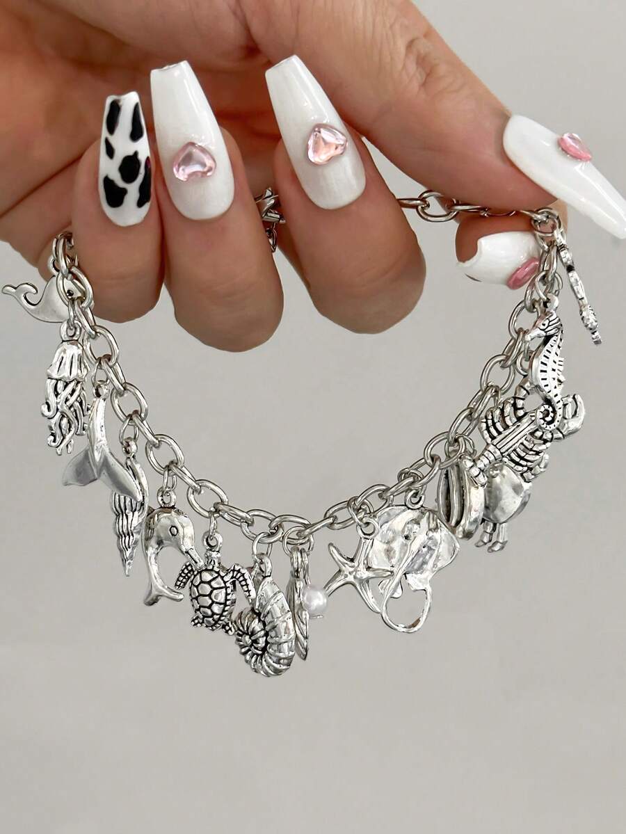 1pc Creative Multi-Element Necklace With Dolphins, Fish Tails, Crabs And Seashells, Faux Pearl Decor, For Women - Antique Silver - View 1