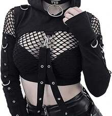TOMETO Women Gothic Punk Hoodies Bandage Crop Tops Long Sleeve Pullover Sweatshirt Rave Festivals Streetwear