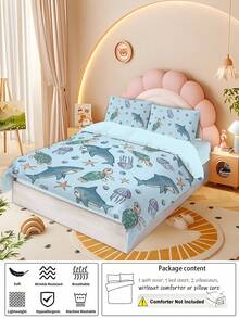 Conjunto de cama com estampa de tartaruga e tubarão marinho, 4 peças (1 capa de edredom + 2 fronhas + 1 lençol de cima), lavável, adequado para quarto, hotel, escola, apartamento