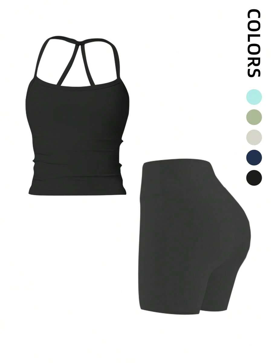 1 Pack Summer Women's Open Back Tracksuit Set Camisole Top High Waist Yoga Shorts Quick Dry Set Is Suitable For Holidays, Travel Work, Sports Wear - 黑色 - 查看 1