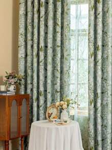 1pc New Green Gardenia Flower 100% Blackout Double Layer Composite Rod Pocket Curtain, Home Heat Insulation Blackout Curtain, Living Room, Bedroom, Office, Party, Daily Decoration Curtain