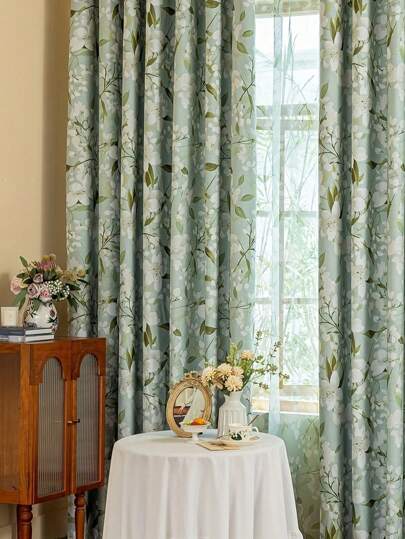 1pc New Green Gardenia Flower 100% Blackout Double Layer Composite Rod Pocket Curtain, Home Heat Insulation Blackout Curtain, Living Room, Bedroom, Office, Party, Daily Decoration Curtain