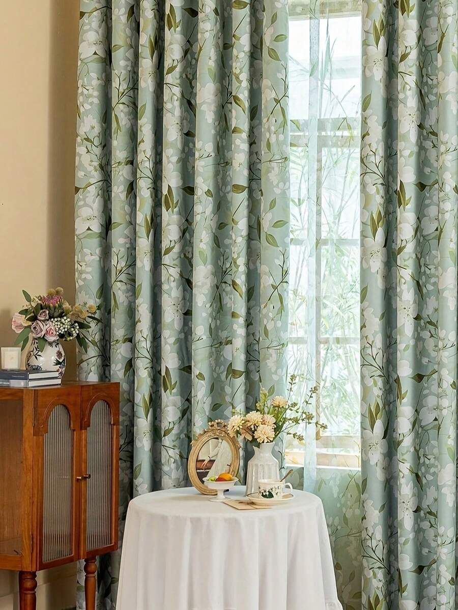 1pc New Green Gardenia Flower 100% Blackout Double Layer Composite Rod Pocket Curtain, Home Heat Insulation Blackout Curtain, Living Room, Bedroom, Office, Party, Daily Decoration Curtain