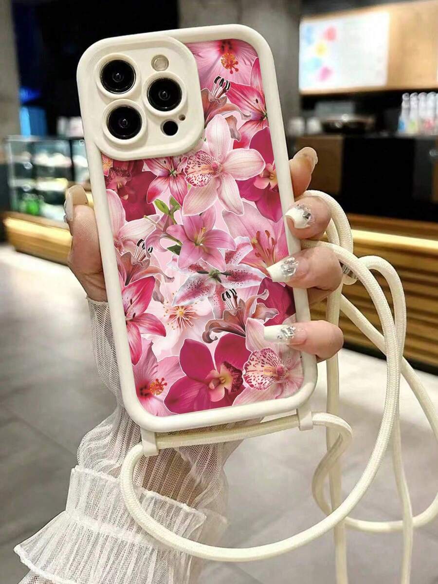 百合花彩绘新款凹槽挂绳手机壳，撞色米色加厚防摔保护套适用于 16/16Pro/16ProMax/16Plus/14ProMax 带双孔可拆卸表带， 15ProMax/13ProMax/14/7P/12ProMax 软硅胶米色背包式可调节表带 XsMax 手机壳 - 彩色 - 查看 1