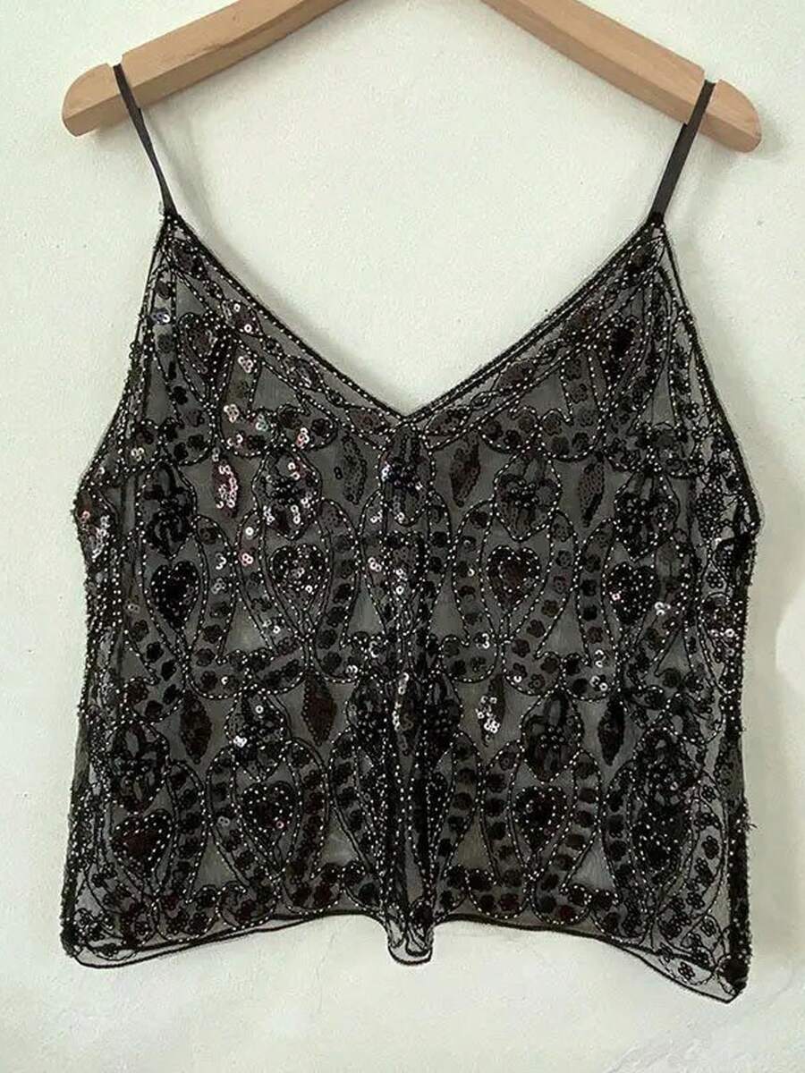 Women Y2K Sequin Cami Top Deep V Neck Mesh Crop Tops See Through Straps Tank Cute Sparkle Backless Low Cut Summer Crop Tops - 黑色 - 查看 1