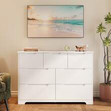 7 Drawer Dresser, 48" Wide Wood Chest Of Drawers For Bedroom, White Modern Storage Organizer  With Anti-Toppling Device And Thickened Beveled Base , Handle Free Design, For Living Room, , Entryway, Hallway,White - 白色 - 查看 8