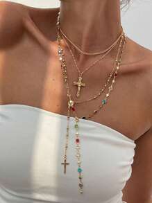 4pcs/Set Layered Summer Bohemian Cross & Virgin Mary Beaded Necklace, Suitable For Vacation, Prayer, Baptism Wearing