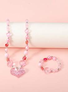 Set de 2 piezas de collar y pulsera con cuentas y colgante de corazón para niñas, elegante regalo para fiestas y uso diario de niñas
