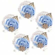 5pcs Navy Blue Bridesmaid Wrist Corsage Set, Weddings Gold Leaf & Pearl Elastic Wrist Flower Accessories Valentine's Day Accessories - Wrist Flower - View 16