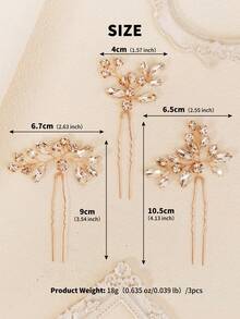 3件套水晶婚礼发饰套装，手工水钻新娘发夹，伴娘发饰 - 金色 - 查看 5