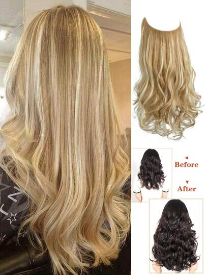 Invisible Wire Hair Extensions, Dirty Blonde With Dark Roots, Natural Wavy Hair Weft, Women's Synthetic Hair Extensions, 12/14/16/18/20/22/24 Inches, Blonde, No Clips Needed