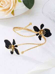 1 件铁合金黑珐琅花袖口手链，简约优雅的时尚配饰，适合母亲节、派对和日常佩戴 - 黑色 - 查看 2