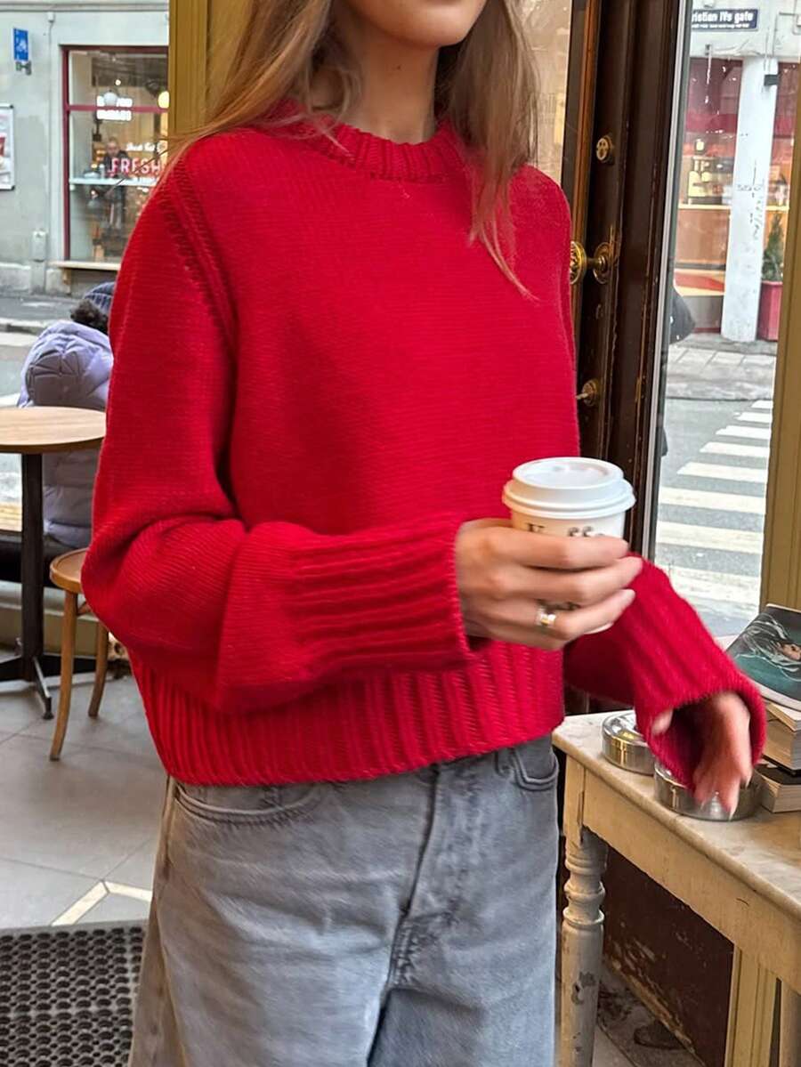 Women's New Autumn And Winter Back To School Sweater Casual Solid Color Simple Daily Short Style Round Neck Long-Sleeved Sweater