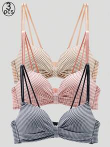 3 Piecesfashionable Multi-Color Pull-Up Underwear, Seamless Teen Bra Without Steel Rings, Sweet Girlish Halter Top Student Classic Checkered Printed Beautiful Back Bra For Girls