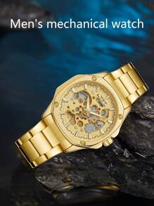 BaGoLee 1pc Men's Mechanical Watch, Hollowed-Out Design Showcasing Mechanical Structure, Self-Winding Accurate Timekeeping, Reliable Waterproof, Comfortable Wear, Versatile For Any Occasion, Suitable For Any Man