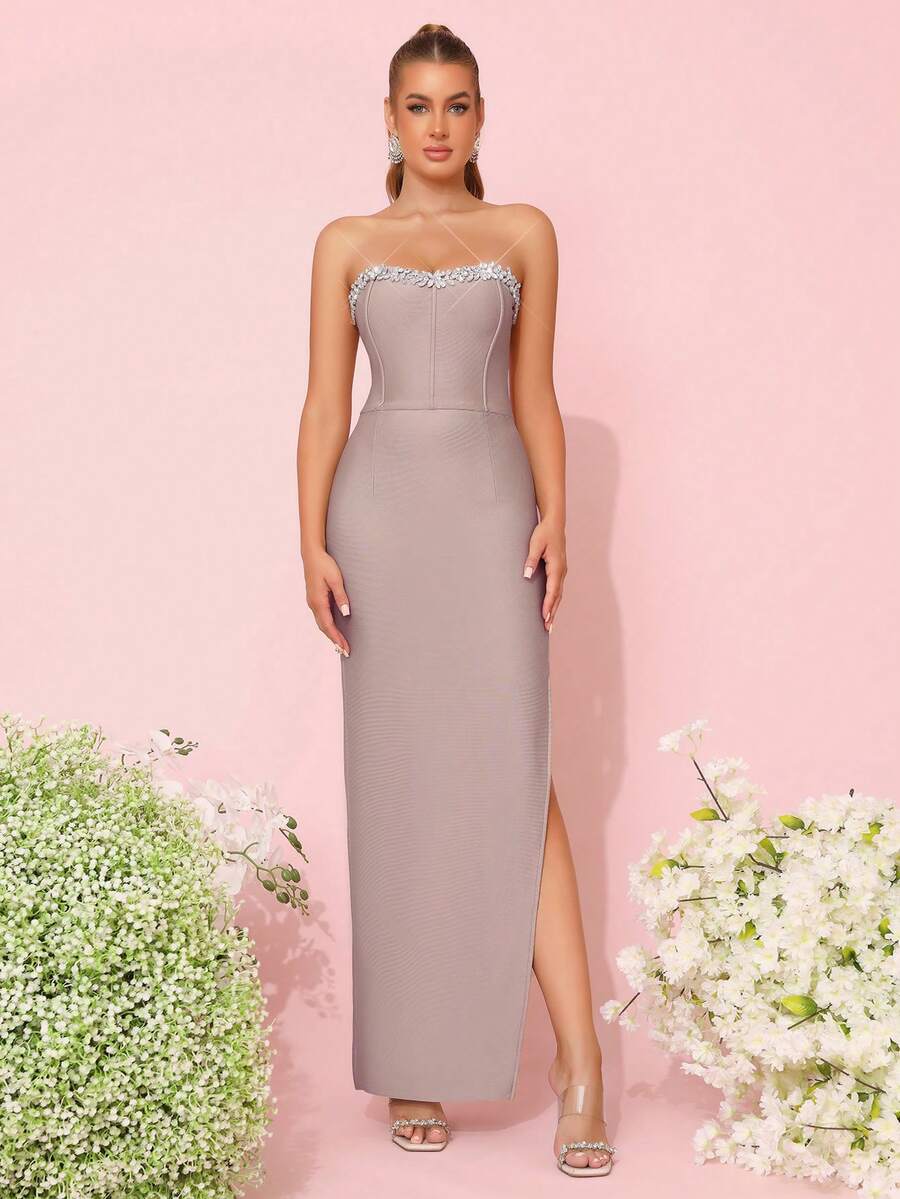 Modphy New Women's Rhinestone Strapless Slit Thigh Tube Bodycon Wedding Bridesmaid Dress, Holiday Party Bandage Dress - Aprikot - View 1
