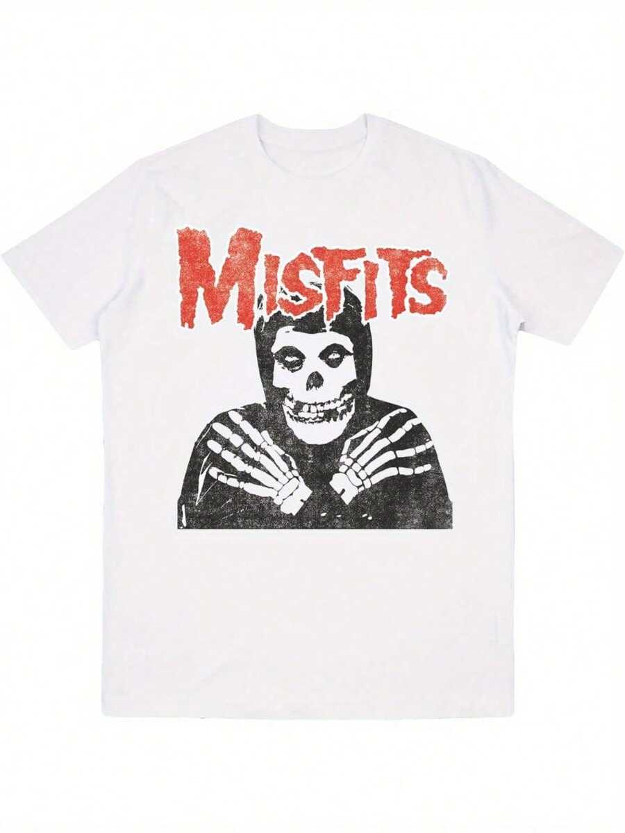[Casual Round Neck Graphic T-Shirt] Misfits Skull Graphic Tee - Soft Cotton, Breathable & Comfort Fit For Men | Casual Round Neck T-Shirt With Unique Print Design - 白色 - 查看 1