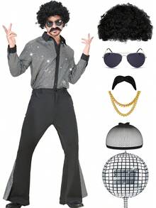 1 Set MEN's Disco Costume Vintage 80s/70s/90s Cosplay New Arrival 1970s Party Stage Performance With Hair,Necklace And Other Accessaries Christmas Party - Bạc - Xem 2