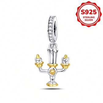 925 Sterling Silver Cubic Zirconia Candle Charm Pendant, Fashionable Versatile Accessory For Women