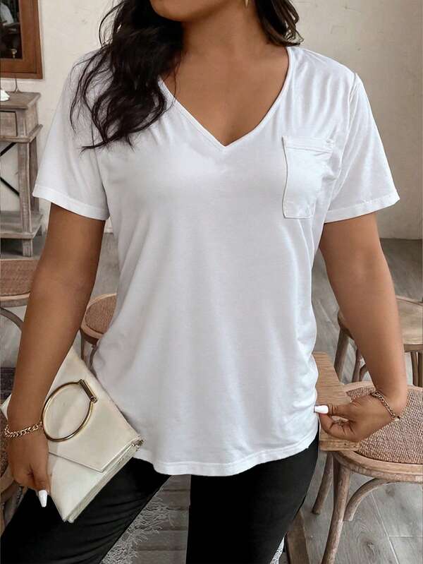 ملابس علوية نسائية بياقة على شكل حرف V ذات لون أحادي وأكمام قصيرة، تصميم جيب بسيط، قطعة علوية فضفاضة وكاجوال