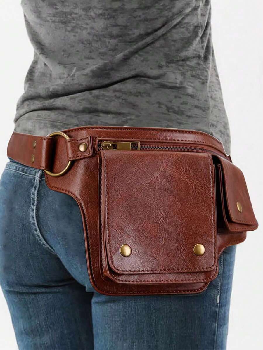 Punk Style Vintage PU Leather Waist Bag - Fanny Pack For Outdoor Sport And Travel