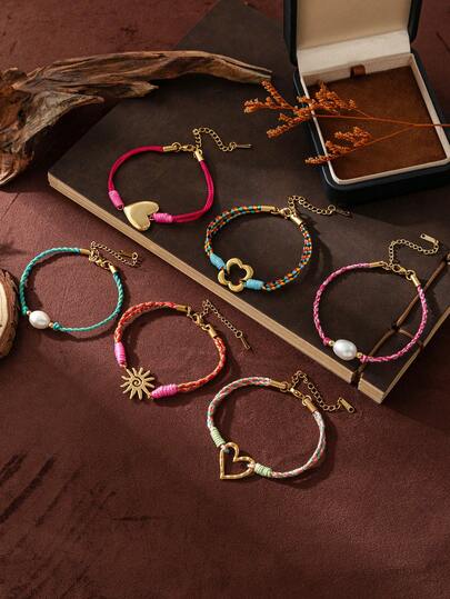 1 件夏季时尚精致不锈钢波西米亚爱情太阳四叶草多巴胺手链，展现魅力和个性化，适合女性日常穿衣装饰、海滩度假派对、音乐节。