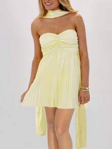 Women Y2K Pleated Strapless Mini Dress Silk Satin Ruffle Short Dress Scarf A Line Tube Dresses Beach Clubwear - Yellow - View 2