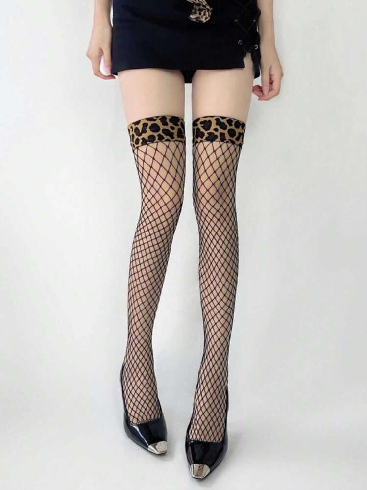 1 Pair Women's Leopard Print Lace Patchwork Thigh High Sheer Stockings, Thin & Fashionable For Summer, E-Girl | SHEIN USA