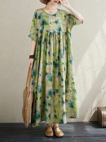 2025夏季新款加大码绿色连衣裙，休闲宽松褶皱单肩连衣裙，波西米亚风度假沙滩裙，女士宽松印花连衣裙，单件随机印花连衣裙 - 綠色 - 查看 4