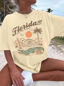Florida Palm Tree Pattern T-Shirt - Women's Casual Vacation Short Sleeve T-Shirt, Palm Tree And Surfboard Graphic, Round Neck Short Sleeve Top, Suitable For Summer Clothing, Beach Wear |   Vacation Vibe Shirt |   Comfortable Wear, Beach Shirt-White And Navy Off-The-Shoulder Cropped Top (Unisex) - St Pattys Day Outfit - Summer Outfits For Women - Summer Tops For Women - White Top - Vacation Outfits Women - 杏色 - 查看 1
