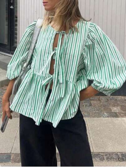 Women's Young Fashion Striped Bubble Sleeve Cropped Sleeve Strap Placket Shirt, Spring, Summer, Autumn And Winter,Back To School,Y2k