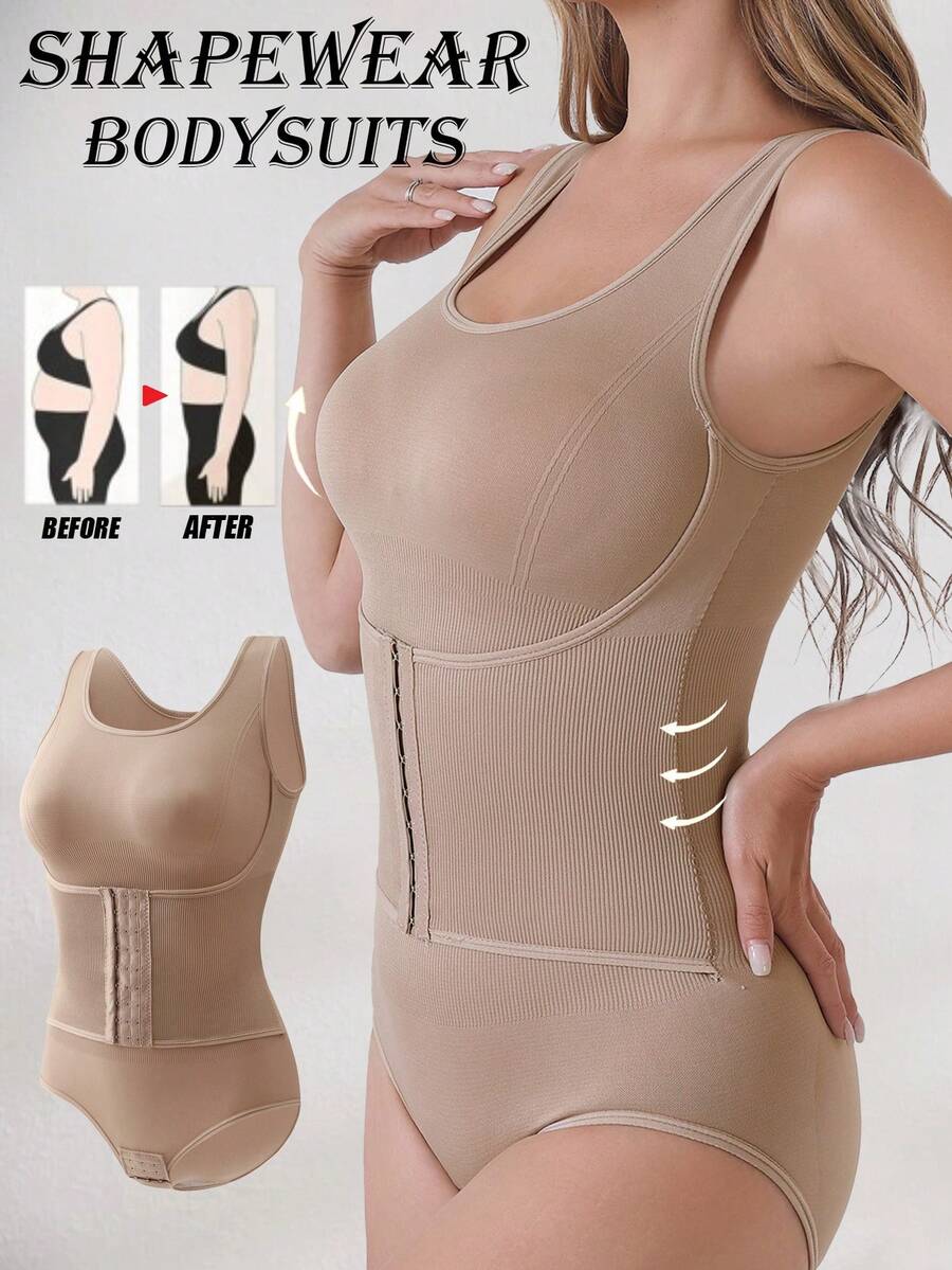 1 件女士修身塑身衣 - 腹部控制、腰部束紧和臀部提升，带钩的连体紧身衣 - 杏色 - 查看 1