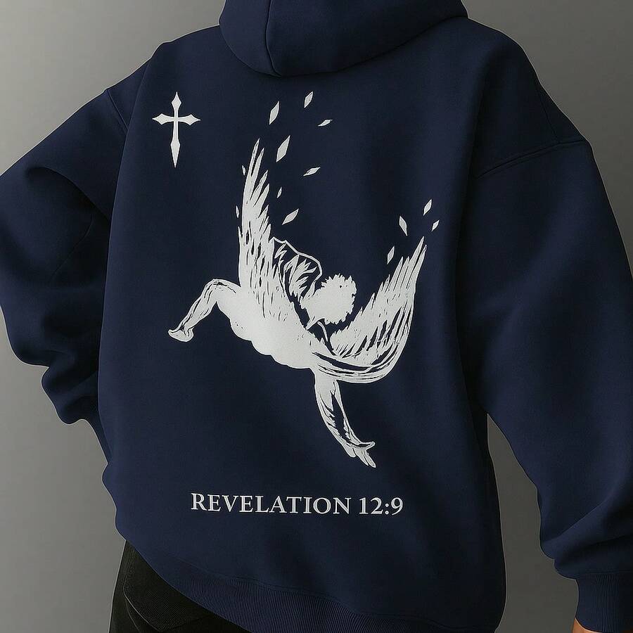 Men's Falling Angel Casual Flannel Sweatshirt With Pocket And Revelation Cap - 藏蓝色 - 查看 1