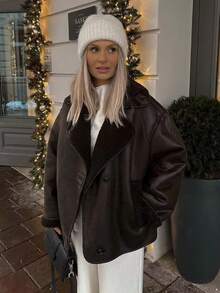 Chaqueta de invierno para mujer con forro de piel marrón - Estilo de calle casual con solapa suelta, bolsillos y mangas largas