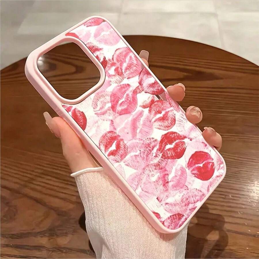 Pink Red Lipstick Kisses Pattern Background Element Design Phone Case,Fits For IPhone 16/15/14/13/12/11/X Series,With Shockproof Protection,Good Gift Choice,Slim Fit Scratch Resistant, Artistic Design - Hồng - Xem 1