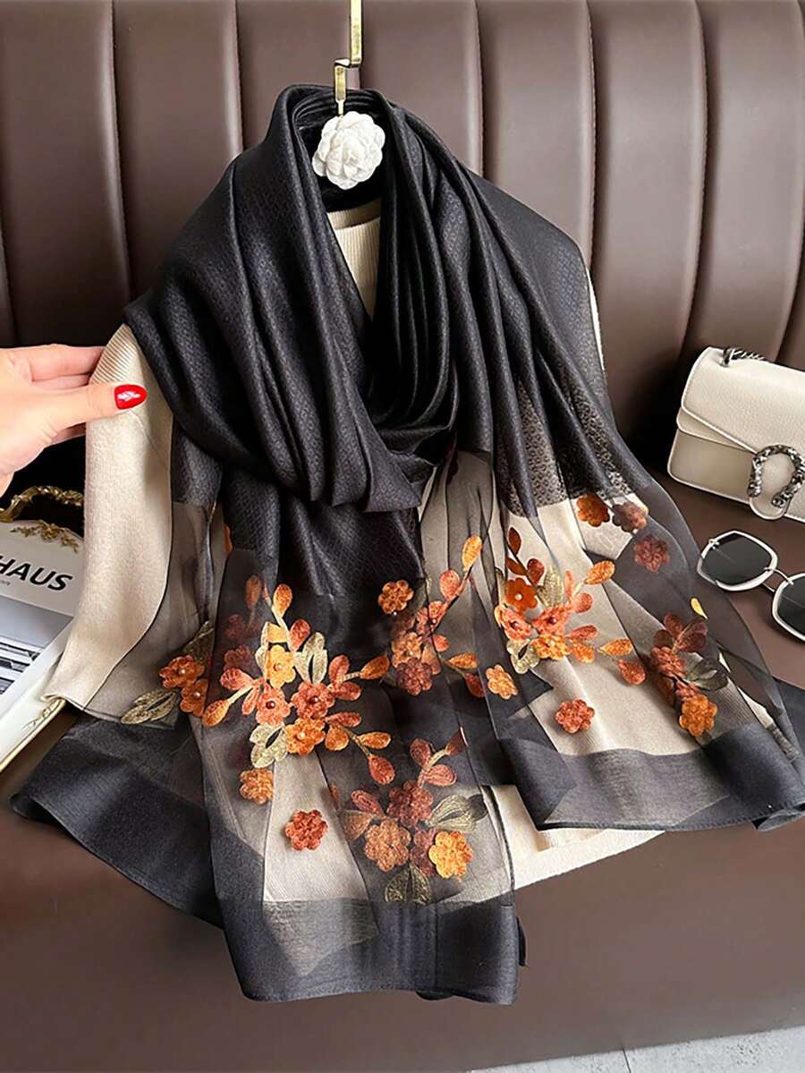 1pc Bohemian Elegant & Luxurious Floral Embroidery Scarf, Casual Business Shawl, Women Hijab, Suitable For Daily Wear For Dress - A - View 1
