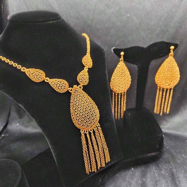 1 Set de 3 piezas de joyería - 1 collar, 2 pendientes, Juego de joyería nupcial estilo Dubai de Medio Oriente, Juego de joyería nupcial europea y africana
