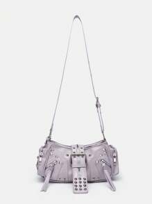 New Fashion Summer Purple & Light Purple Multi-Zipper Metal Buckle Crescent Underarm Bag, Detachable Shoulder Strap Crossbody Bag, Punk Chic Y2K Commute Party Street Vintage Aesthetic Medium Size - Purple - View 4