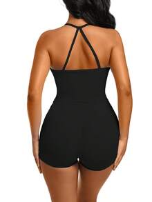 1 Pack Summer Women's Open Back Tracksuit Set Camisole Top High Waist Yoga Shorts Quick Dry Set Is Suitable For Holidays, Travel Work, Sports Wear - 黑色 - 查看 4