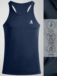 1pc Dark Blue Simple Printed Summer Men's Sportswear, Comfortable Sleeveless Round Neck Fitness Clothes, Suitable For Running, Various Fitness Activities, Outdoor Sports, And Casual Outings - Navy Blue - View 1