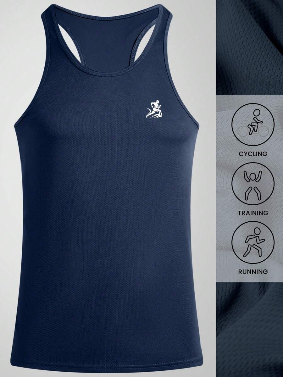 1pc Dark Blue Simple Printed Summer Men's Sportswear, Comfortable Sleeveless Round Neck Fitness Clothes, Suitable For Running, Various Fitness Activities, Outdoor Sports, And Casual Outings - Navy Blue - View 1