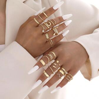 24 pièces/set Ensemble de bagues articulées en alliage avec strass rétro minimaliste, convient pour le port quotidien pour les femmes