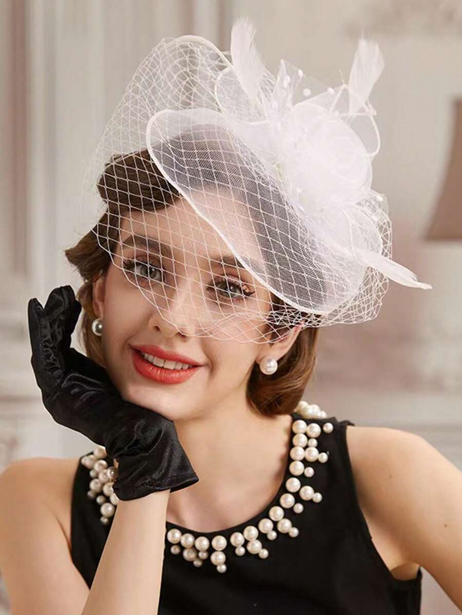 1 pieza Sombrero cautivador para dama, adecuado para mujeres, diadema para té, boda del Derby de Kentucky, tocado con red floral y pluma - Multicolor - Ver 1