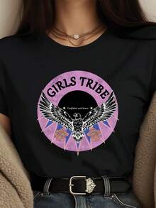 Ladies' T-Shirt, Summer Women's Fun Eagle Print T-Shirt, Available In Black/White, Casual Round Neck T-Shirt, Suitable For Summer Vacation Tops.